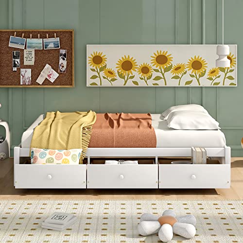 BOVZA Twin Size Platform Storage Bed with 3 Drawers, Wood Daybed Frames for Kids Teens Adult, for Living Room Bedroom Guest Room, No Box Spring Needed, White