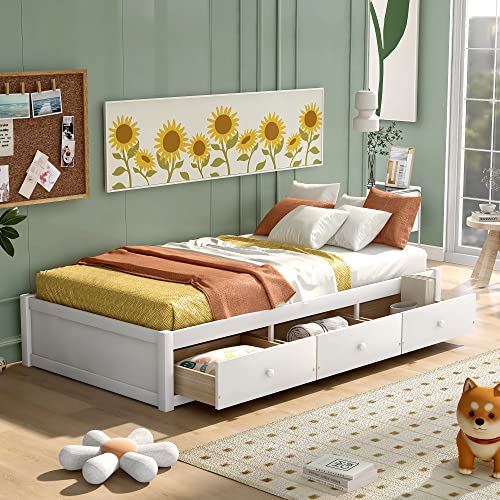 BOVZA Twin Size Platform Storage Bed with 3 Drawers, Wood Daybed Frames for Kids Teens Adult, for Living Room Bedroom Guest Room, No Box Spring Needed, White