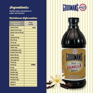 Goodman's Pure Vanilla Extract - Gluten-Free, Non-GMO, Kosher, Low Carb & Low Calorie - Madagascar Bourbon Vanilla Extract Ideal for Baking, Cooking & More - No Animal Products, No Sugar (16oz Bottle)