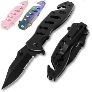tactical legal knife for men women - 2.68 inch serrated blade small black pocket knife with glass breaker seatbelt cutter - cool folding knives for camping work edc - mens birthday gift ideas 6655 b