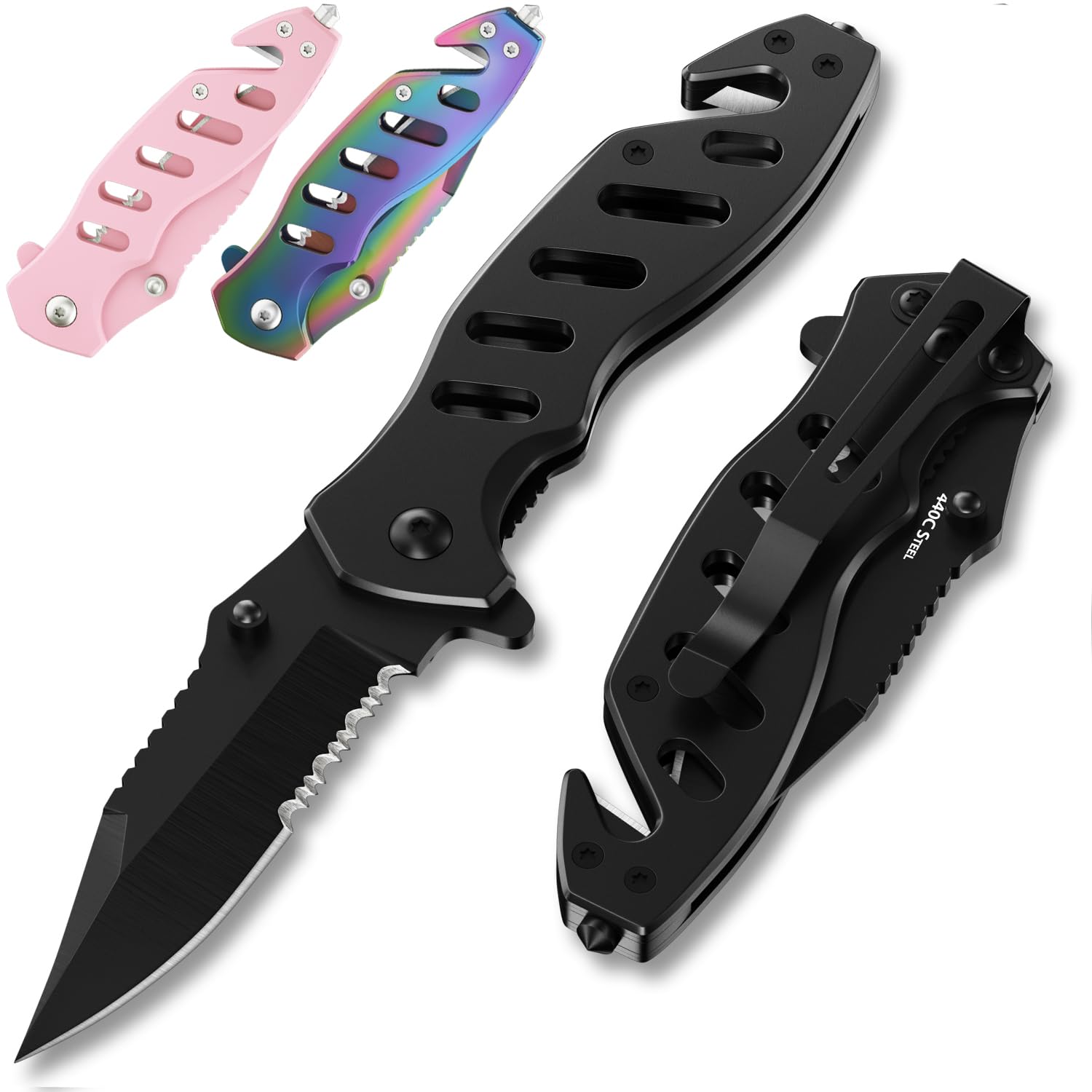 Tactical Legal Knife for Men Women - 2.68 Inch Serrated Blade Small Black Pocket Knife with Glass Breaker Seatbelt Cutter - Cool Folding Knives for Camping Work EDC - Mens Birthday Gift Ideas 6655 B