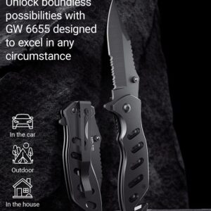 Tactical Legal Knife for Men Women - 2.68 Inch Serrated Blade Small Black Pocket Knife with Glass Breaker Seatbelt Cutter - Cool Folding Knives for Camping Work EDC - Mens Birthday Gift Ideas 6655 B