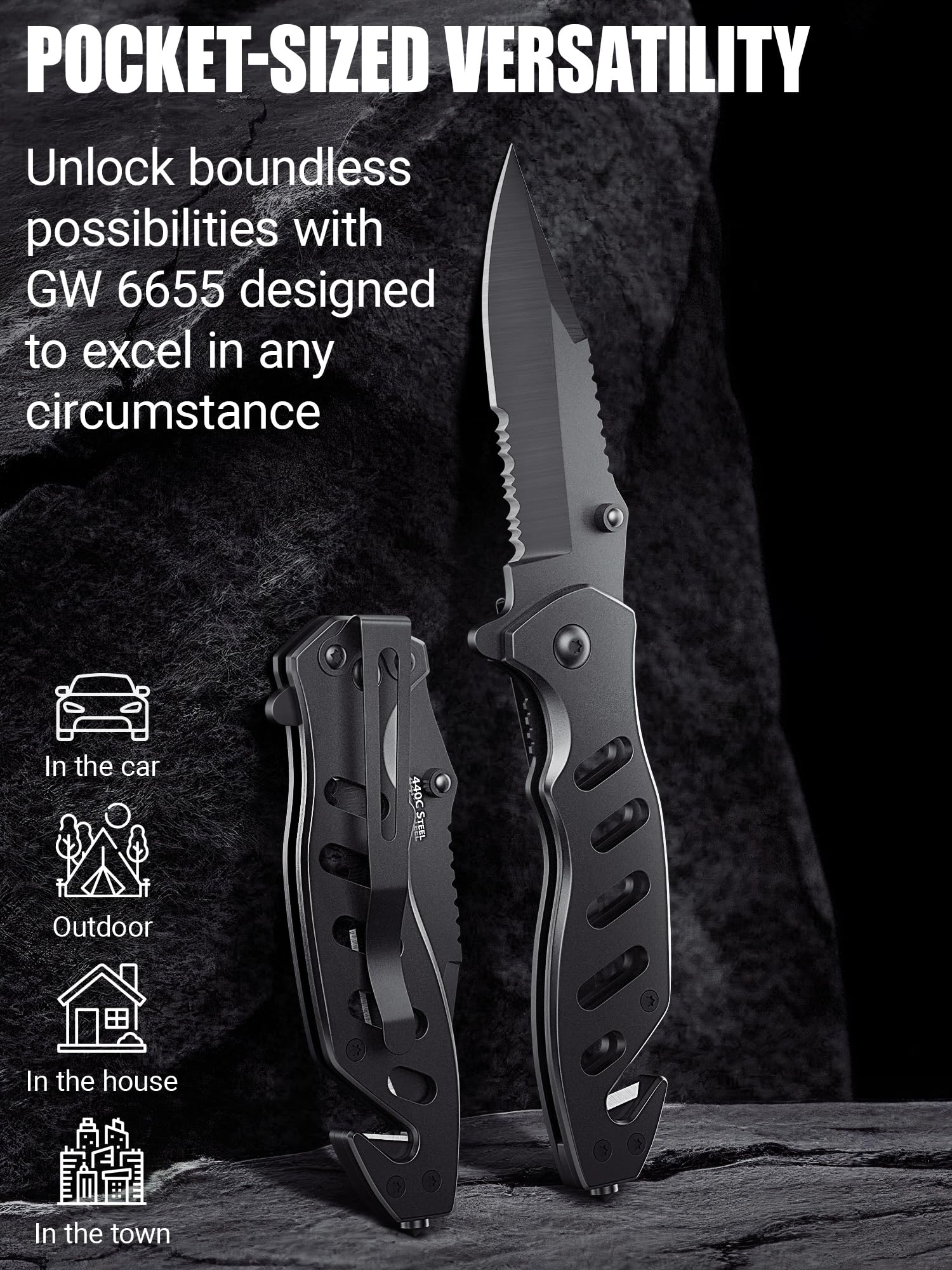 Tactical Legal Knife for Men Women - 2.68 Inch Serrated Blade Small Black Pocket Knife with Glass Breaker Seatbelt Cutter - Cool Folding Knives for Camping Work EDC - Mens Birthday Gift Ideas 6655 B