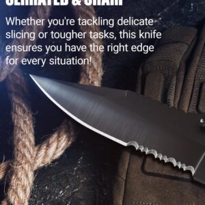 Tactical Legal Knife for Men Women - 2.68 Inch Serrated Blade Small Black Pocket Knife with Glass Breaker Seatbelt Cutter - Cool Folding Knives for Camping Work EDC - Mens Birthday Gift Ideas 6655 B