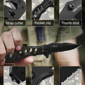 Tactical Legal Knife for Men Women - 2.68 Inch Serrated Blade Small Black Pocket Knife with Glass Breaker Seatbelt Cutter - Cool Folding Knives for Camping Work EDC - Mens Birthday Gift Ideas 6655 B