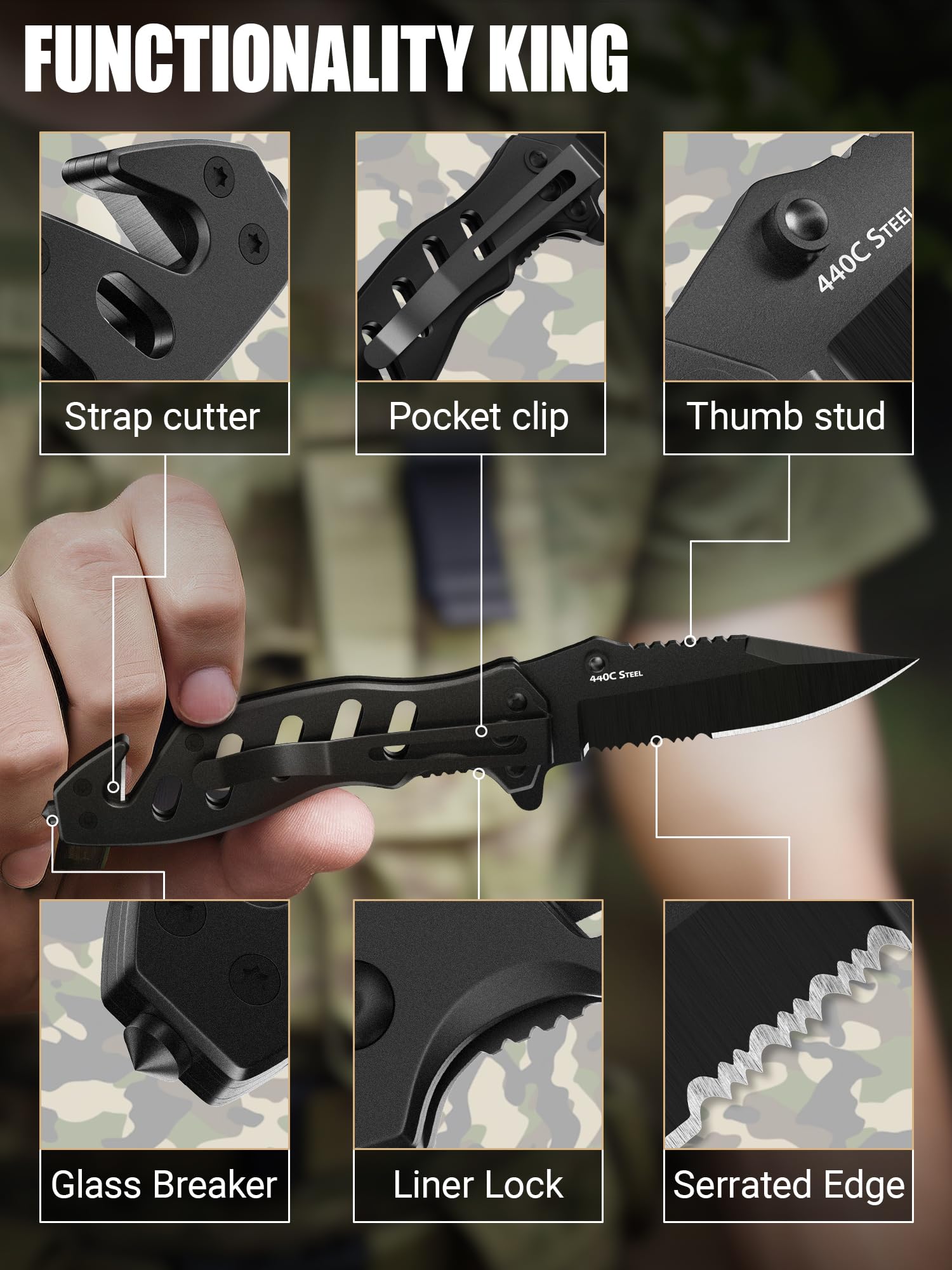 Tactical Legal Knife for Men Women - 2.68 Inch Serrated Blade Small Black Pocket Knife with Glass Breaker Seatbelt Cutter - Cool Folding Knives for Camping Work EDC - Mens Birthday Gift Ideas 6655 B