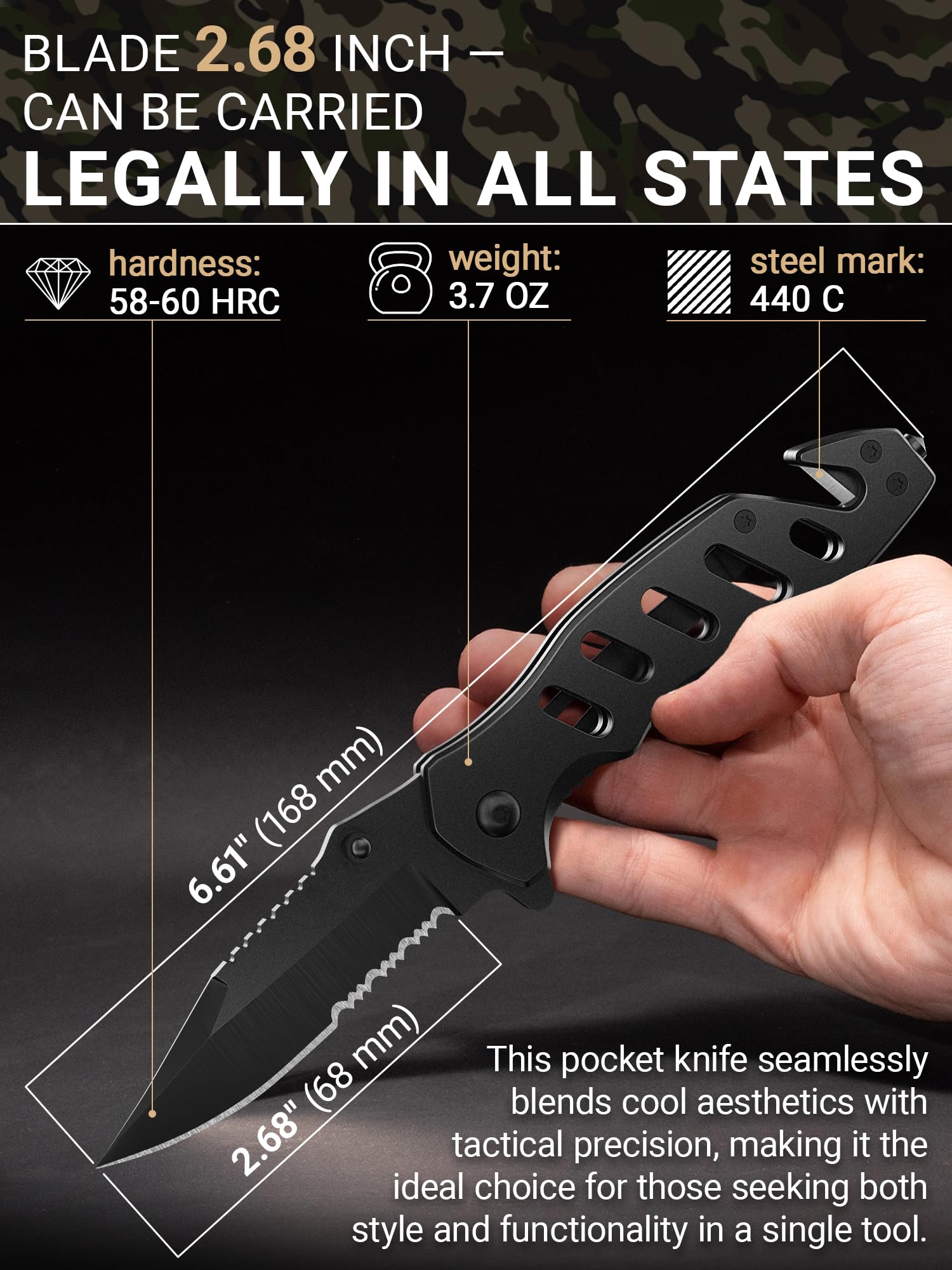 Tactical Legal Knife for Men Women - 2.68 Inch Serrated Blade Small Black Pocket Knife with Glass Breaker Seatbelt Cutter - Cool Folding Knives for Camping Work EDC - Mens Birthday Gift Ideas 6655 B