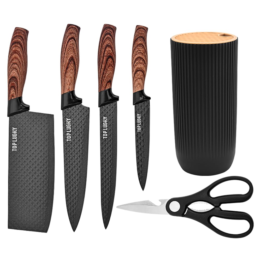 Knife Set, 6-Piece Black Professional Kitchen Knife Set for Chef, Super Sharp Knife Set with Universal Knife Block, Anti-Rust Stainless Steel Kitchen Knife Block Set, Ergonomical Design (Black)