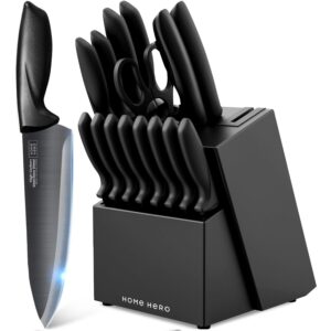 home hero kitchen knife set with sharpener - high carbon stainless steel knife block set with ergonomic handles (16 pcs - black)