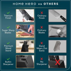 Home Hero Kitchen Knife Set with Sharpener - High Carbon Stainless Steel Knife Block Set with Ergonomic Handles (16 Pcs - Black)