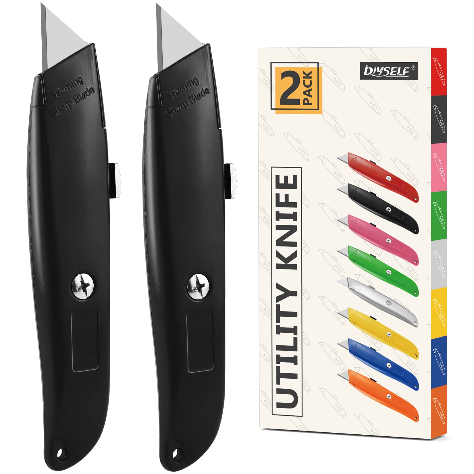 DIYSELF 2Pack Utility Knife Box Cutter Retractable Blade Heavy Duty(Black)