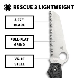 Spyderco Rescue 3 93mm Lightweight Knife - Black FRN Handle with SpyderEdge, Saber Grind, VG-10 Steel Blade and Back Lock - C14SBK3