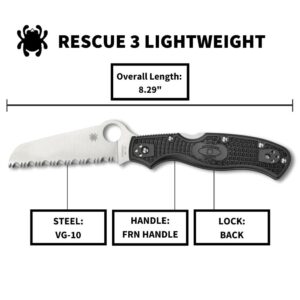 Spyderco Rescue 3 93mm Lightweight Knife - Black FRN Handle with SpyderEdge, Saber Grind, VG-10 Steel Blade and Back Lock - C14SBK3