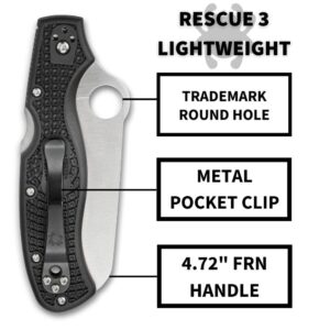 Spyderco Rescue 3 93mm Lightweight Knife - Black FRN Handle with SpyderEdge, Saber Grind, VG-10 Steel Blade and Back Lock - C14SBK3