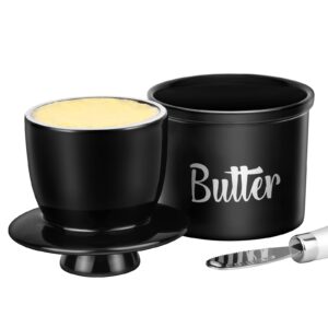 Butter Crock with Spreader, French Butter Keeper with Water Line for Counter, The Original Porcelain Butter Dish. Gift for Thanksgiving, Christmas and Mother’s Day,JSHKY. (Color: Black)