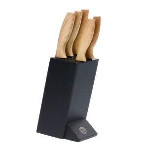 masterchef knife block set of kitchen knives, 5pc stainless steel cooking knife collection incl. paring, carving, bread, santoku & chef knife with soft touch wood look handles in a matte black holder