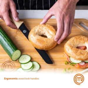 MasterChef Knife Block Set of Kitchen Knives, 5pc Stainless Steel Cooking Knife Collection incl. Paring, Carving, Bread, Santoku & Chef Knife with Soft Touch Wood Look Handles in a Matte Black Holder