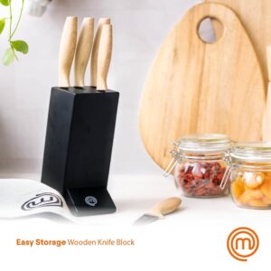 MasterChef Knife Block Set of Kitchen Knives, 5pc Stainless Steel Cooking Knife Collection incl. Paring, Carving, Bread, Santoku & Chef Knife with Soft Touch Wood Look Handles in a Matte Black Holder