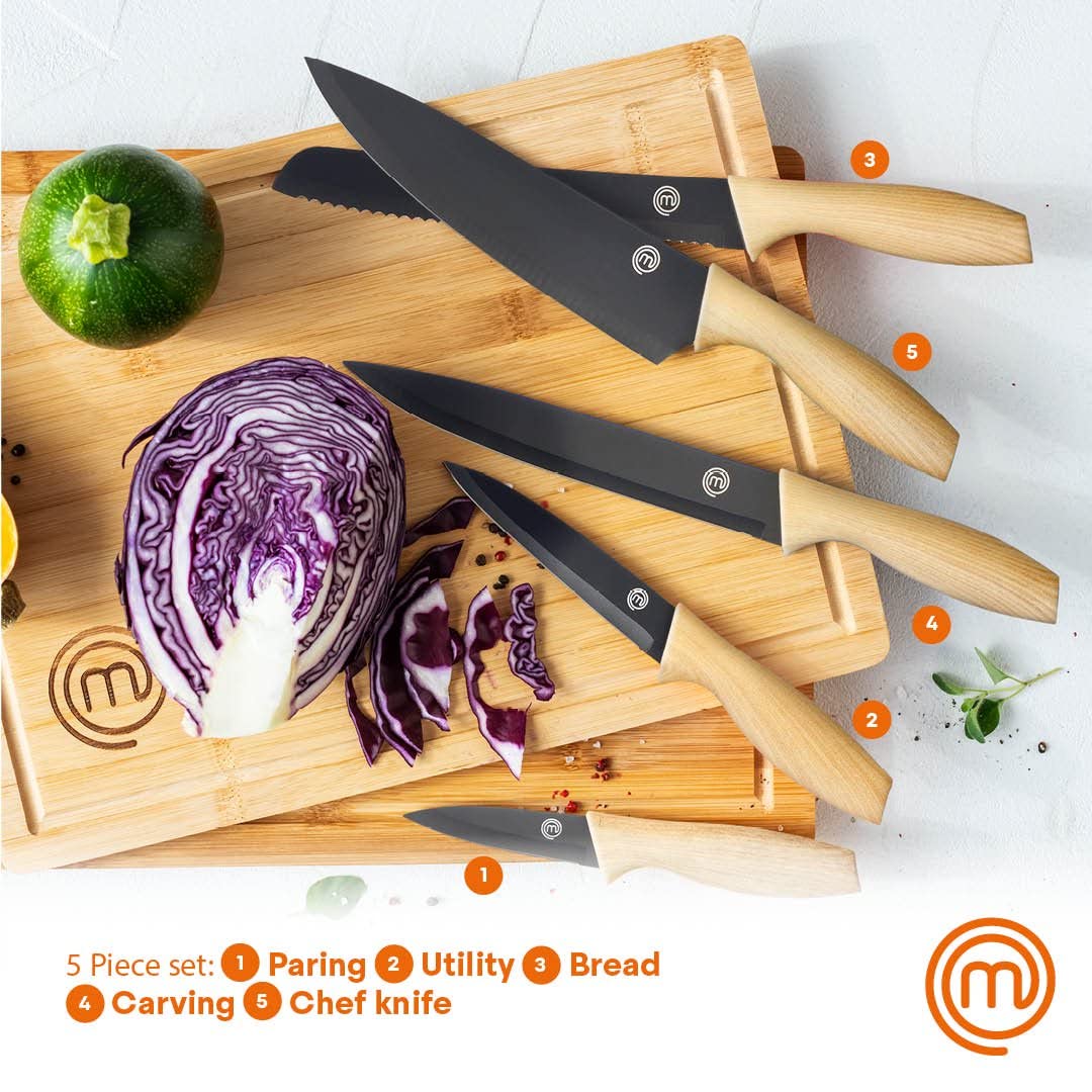 MasterChef Knife Block Set of Kitchen Knives, 5pc Stainless Steel Cooking Knife Collection incl. Paring, Carving, Bread, Santoku & Chef Knife with Soft Touch Wood Look Handles in a Matte Black Holder