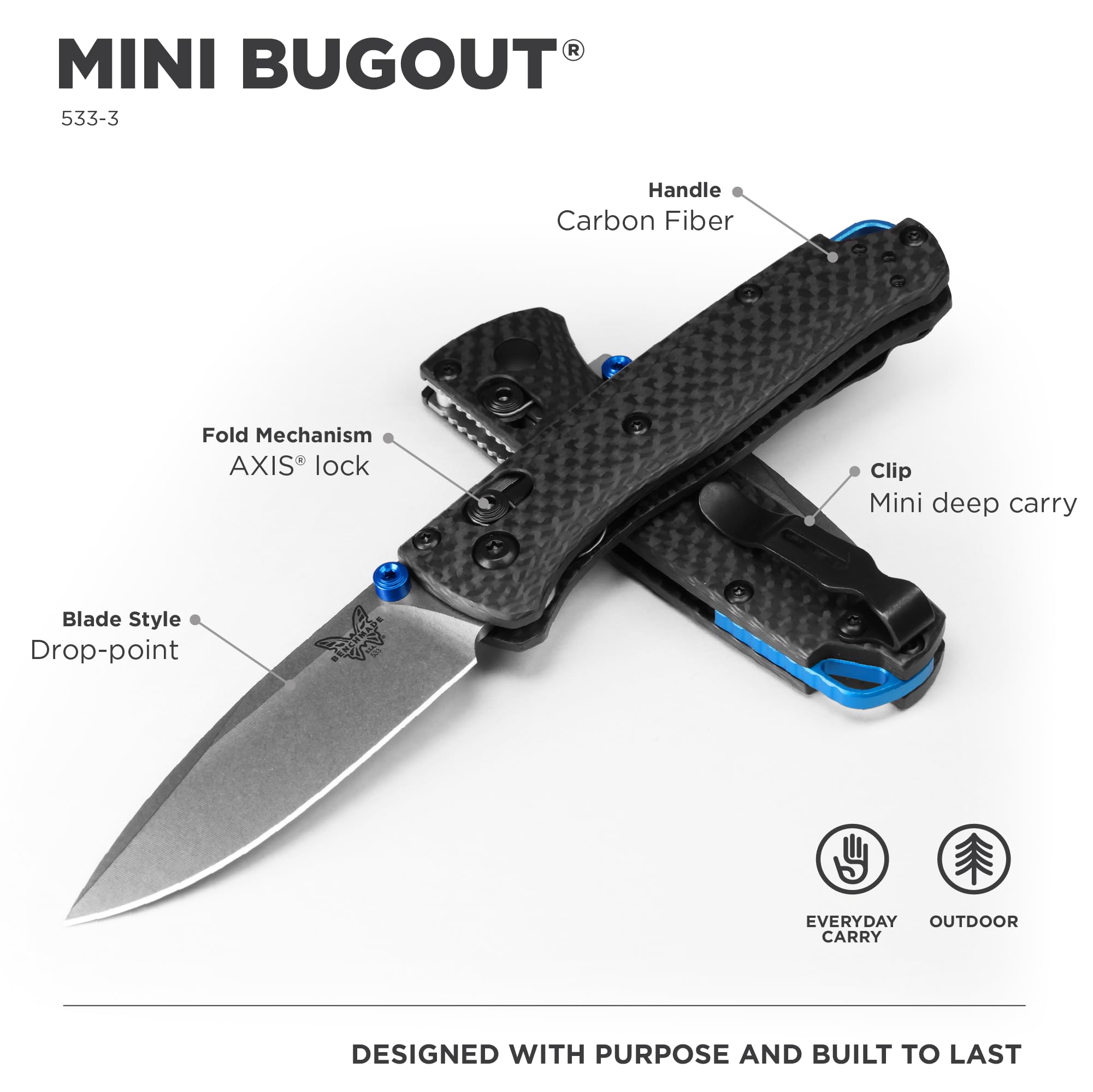 Benchmade - Mini Bugout 533 Folding Knife with Black Carbon Fiber Handle (533-3)