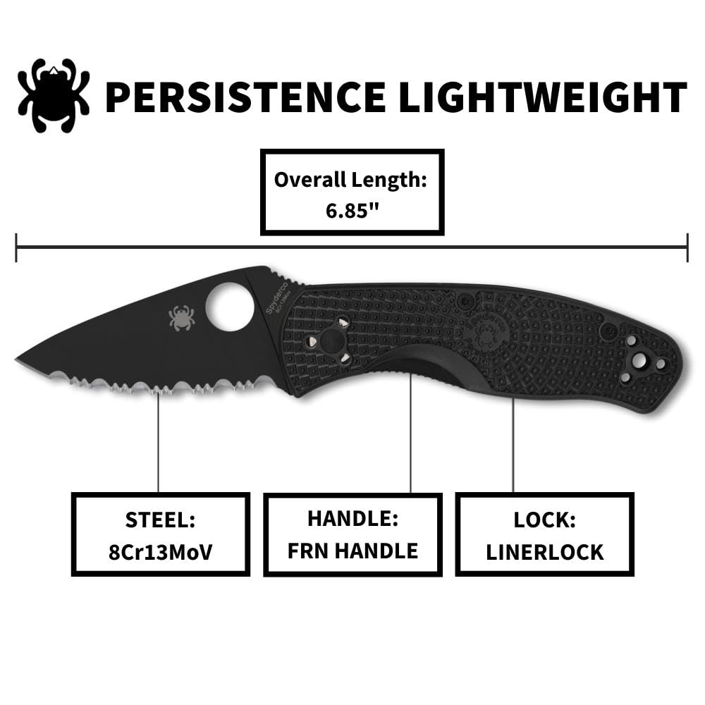 Spyderco Persistence Lightweight Knife with 2.77" Black Steel Blade and Durable Black FRN Handle - PlainEdge - C136SBBK