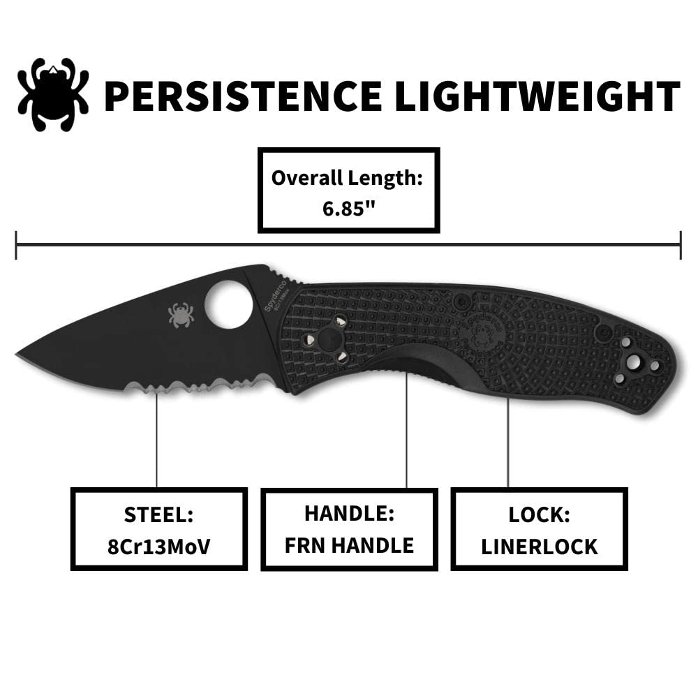 Spyderco Persistence Lightweight Knife with 2.77" Black Steel Blade and Durable Black FRN Handle - CombinationEdge - C136PSBBK