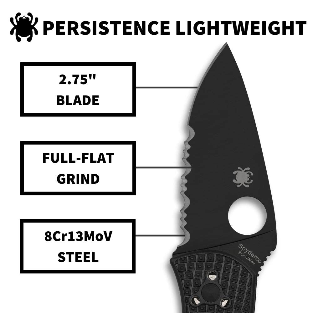 Spyderco Persistence Lightweight Knife with 2.77" Black Steel Blade and Durable Black FRN Handle - CombinationEdge - C136PSBBK