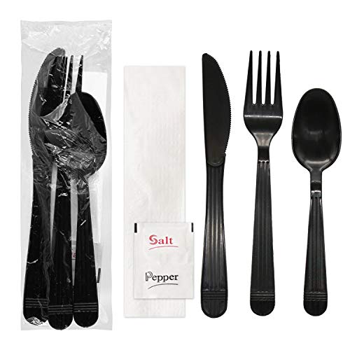 Party Essentials Individually Wrapped Black Plastic Cutlery Packets/Heavy Duty Silverware Kits, Fork/Spoon/Knife/Napkin/Salt/Pepper, 100 Sets