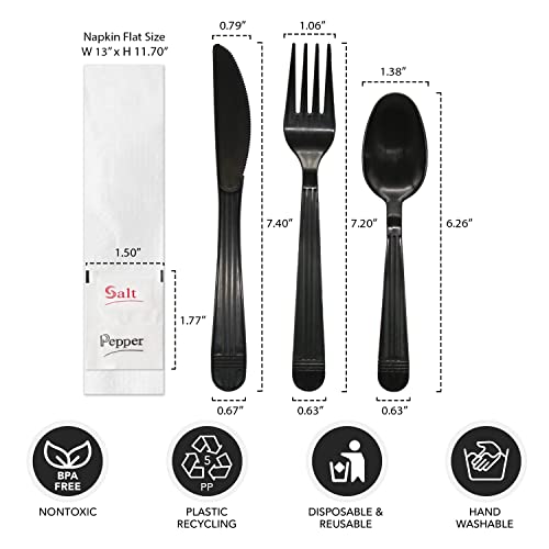 Party Essentials Individually Wrapped Black Plastic Cutlery Packets/Heavy Duty Silverware Kits, Fork/Spoon/Knife/Napkin/Salt/Pepper, 100 Sets