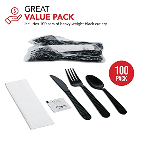 Party Essentials Individually Wrapped Black Plastic Cutlery Packets/Heavy Duty Silverware Kits, Fork/Spoon/Knife/Napkin/Salt/Pepper, 100 Sets