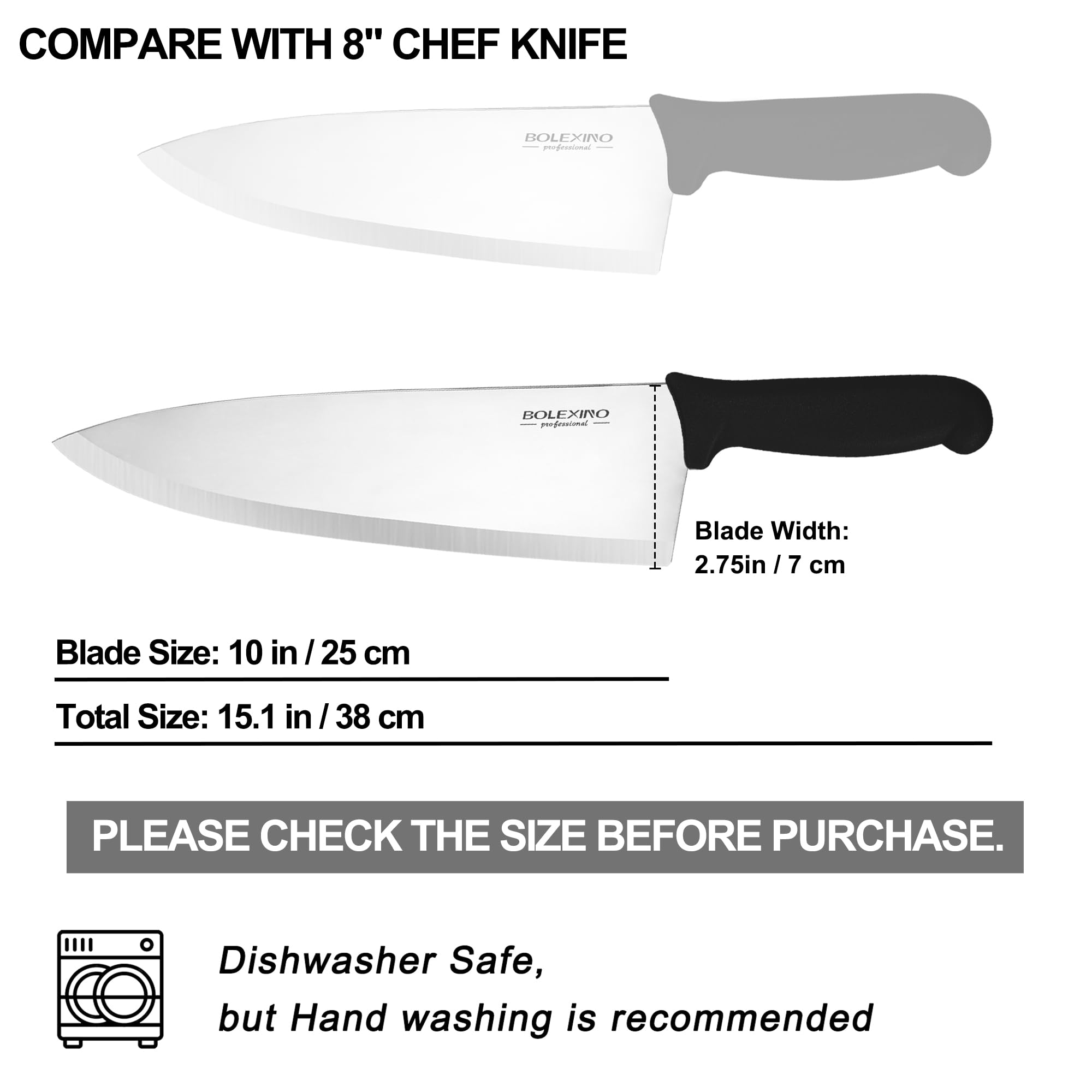 BOLEXINO Chef Knife,10 inch High Carbon Stainless Steel Kitchen Knife, Sharp Cutting Knife W/Ergonomic Handle for Household or Business (Black)