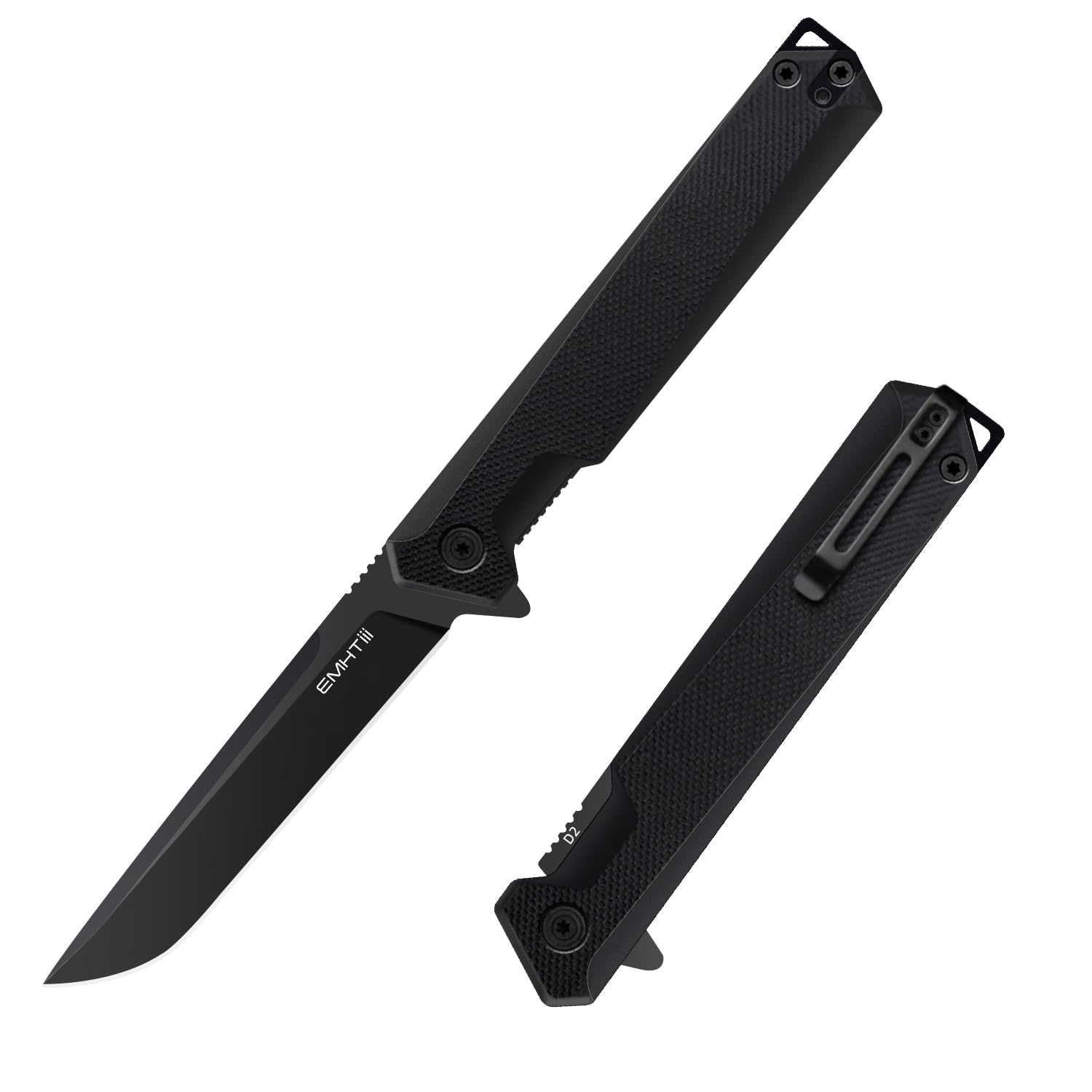 EMHiii Flipper Pocket Folding Knife: 3.54" D2 Steel Black Blade, G10 Scales, Slim EDC Knives with Reversible Deep Clip for Men and Women