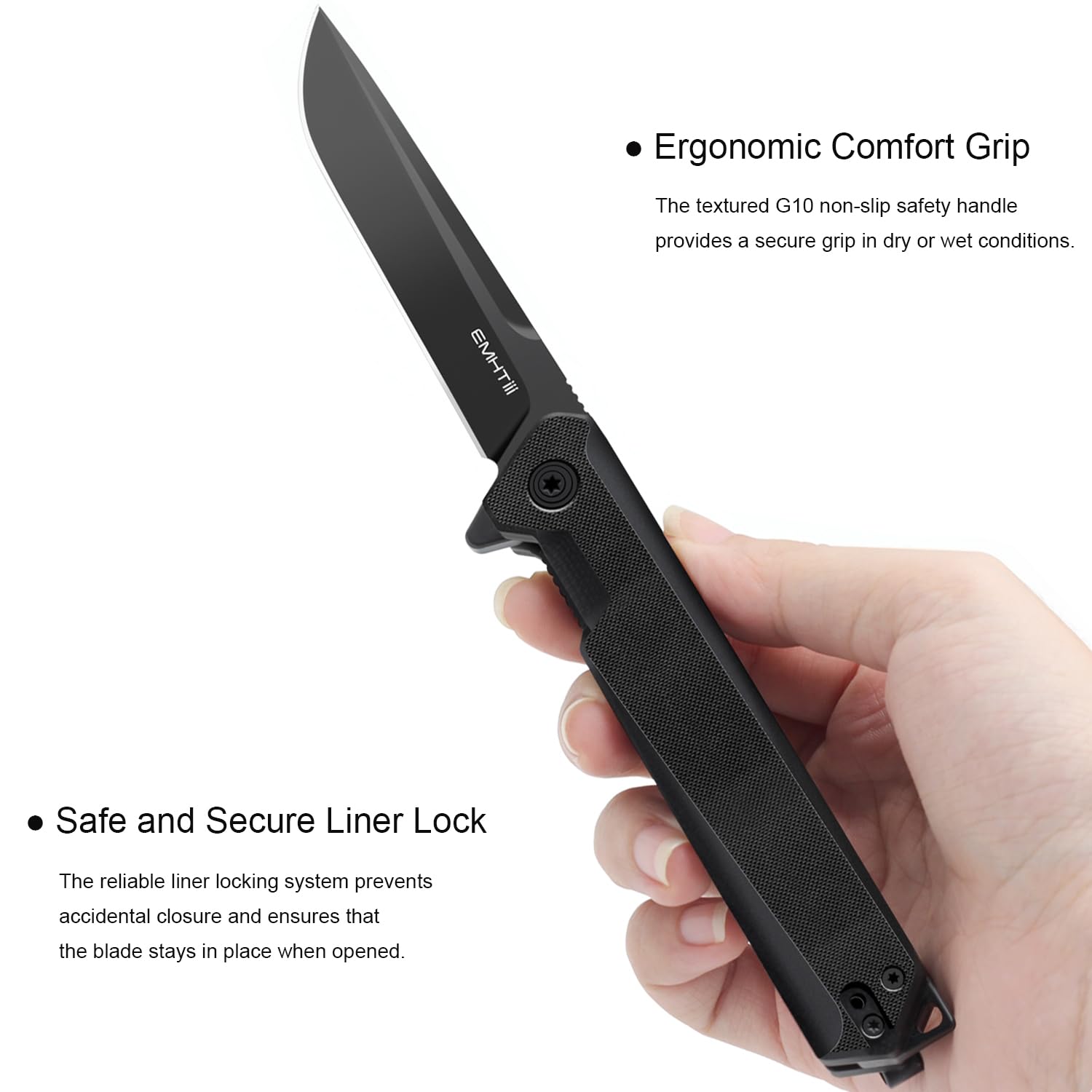 EMHiii Flipper Pocket Folding Knife: 3.54" D2 Steel Black Blade, G10 Scales, Slim EDC Knives with Reversible Deep Clip for Men and Women