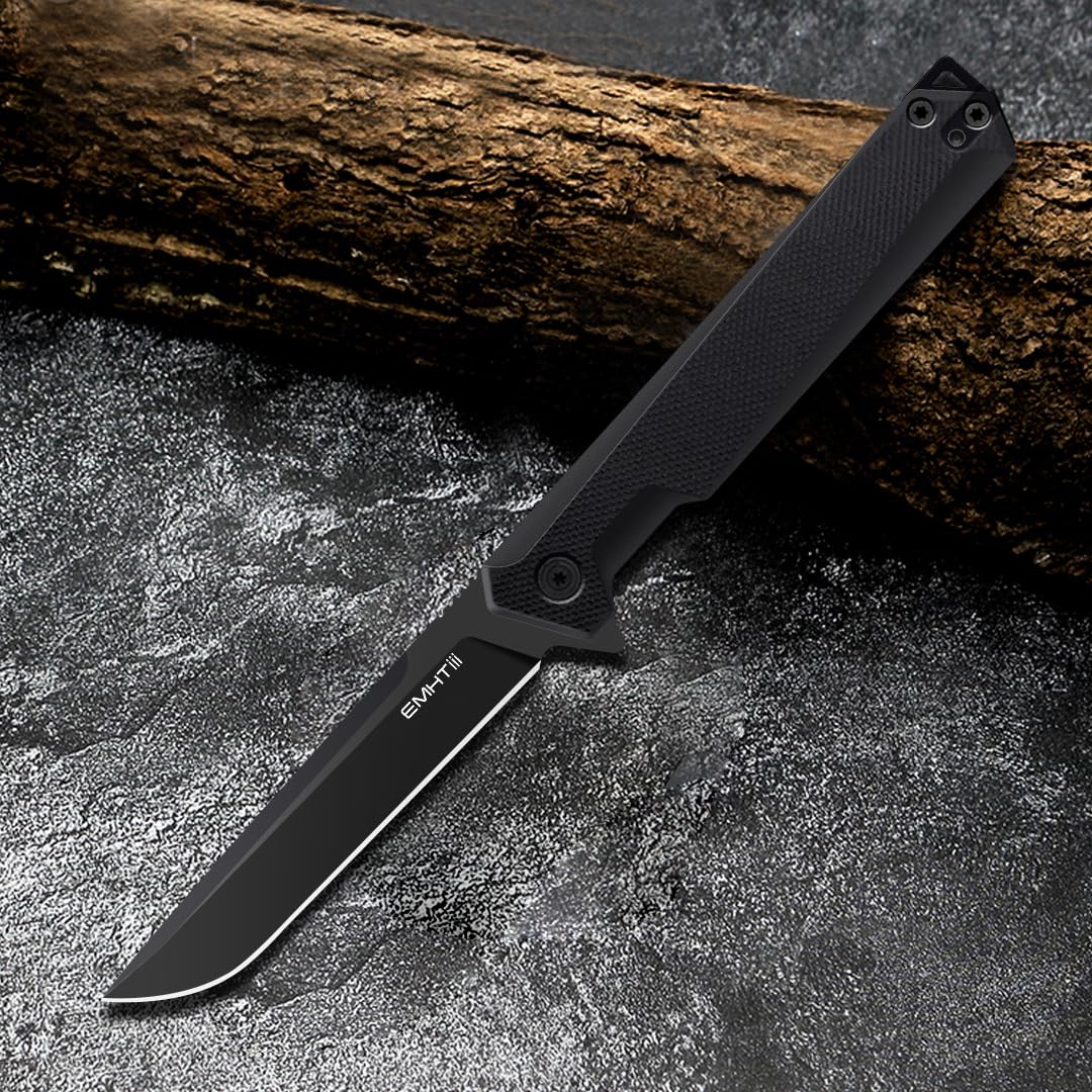 EMHiii Flipper Pocket Folding Knife: 3.54" D2 Steel Black Blade, G10 Scales, Slim EDC Knives with Reversible Deep Clip for Men and Women