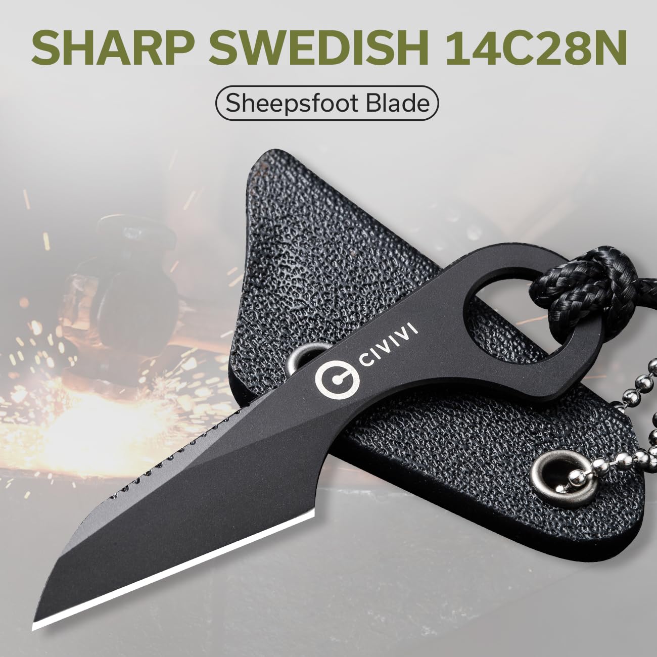 CIVIVI Gramis Mini Fixed Blade Neck Knife for EDC, Swedish 14C28N Steel, With Kydex Sheath with Chain and Lanyard C23004-1