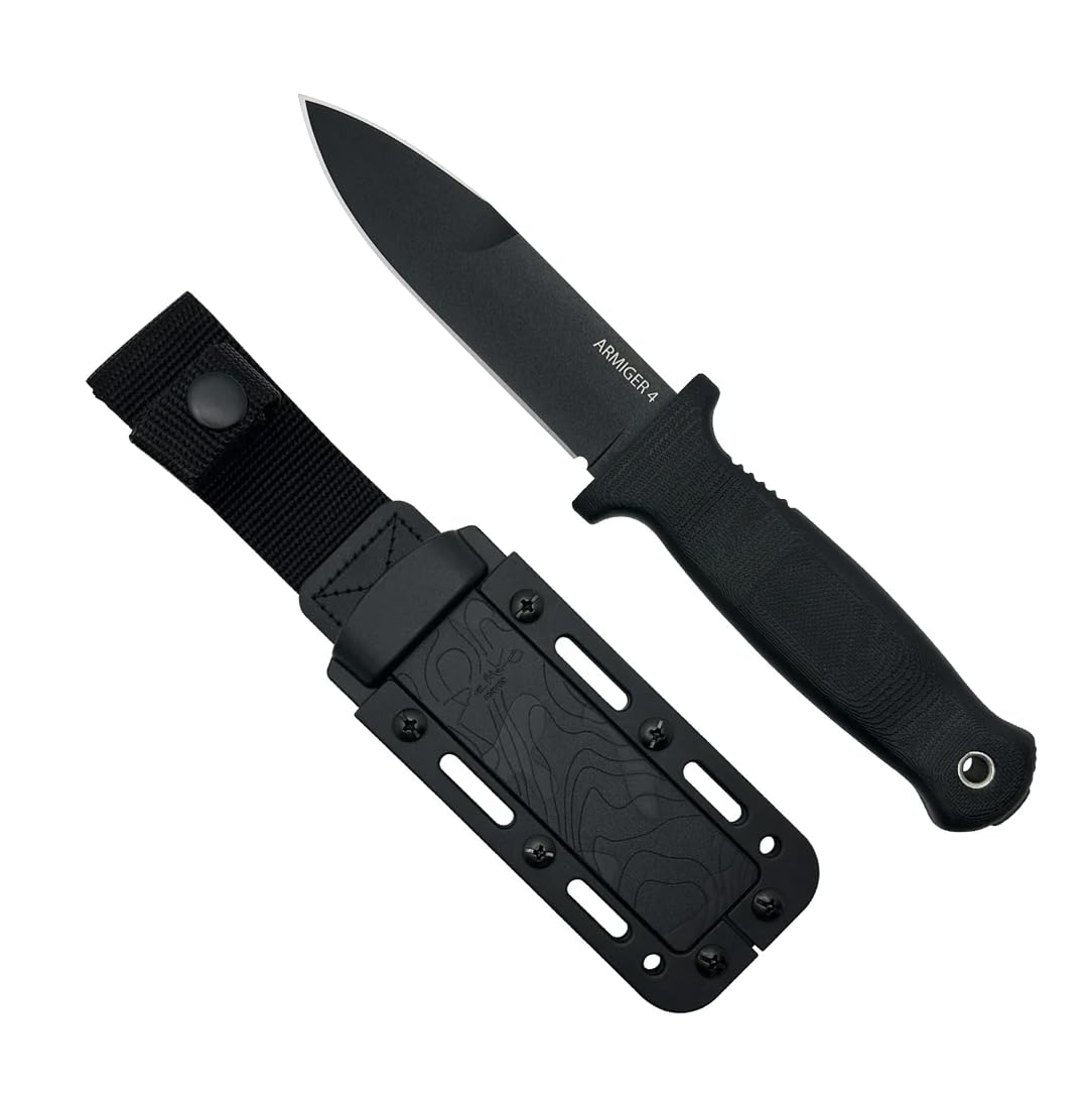 Demko Knives Armiger Fixed Blade with Sheath- Armiger 2 & Armiger 4 - Clip Point Spear Point Tanto Shark Foot Serrated Full Tang (Armiger 4 Spear Point Black)