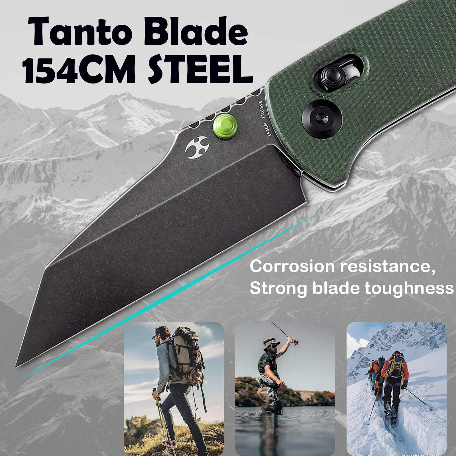 KANSEPT Main Street Pocket Knives 7.92in Axis Lock Folding Knife with 3.36in Black 154CM Material, Green Micarta Handle, Poclet Tactical Knife for Men,Easy Open Knives, Envelope Opener T1015V6