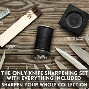 Black Roller Sharpener for Knives with Leather Strop - Knife Sharpener Kit with 15, 17, 20 & 22 Degree Angles - Roller Knife Sharpening System Stand, Holder & Eraser