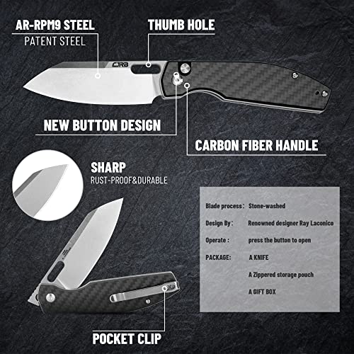 CJRB CUTLERY Pocket Knife Ekko(1929) Folding Knife for Men AR-RPM9 Steel Blade and Black Carbon Fiber Handle for Work Outdoor Hinking Camping