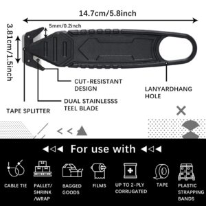 Therwen 30 Pcs Safety Box Cutter Knife of Stainless Steel Concealed Blade Package Opener with Tape Splitter for Carton Cardboard Wrap Letter Work Bag Straps Film Utility Tool, Black