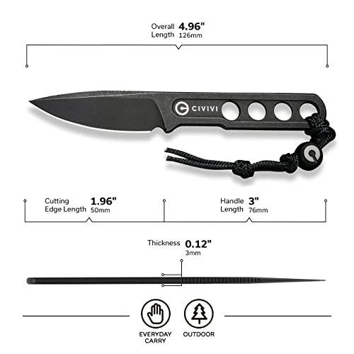 CIVIVI Circulus Fixed blade knife, 1.96" Cutting Edge Black Stonewashed 10Cr15CoMoV Steel with A Black Kydex Sheath, A Nylon Lanyard with Titanium Bead C22012-1