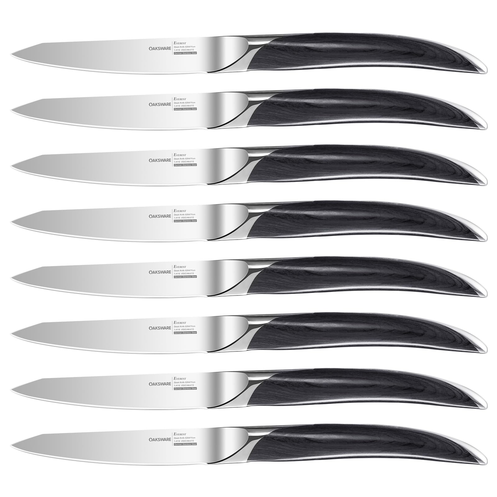 OAKSWARE Non Serrated Steak Knives Set of 8, 5 Inch German High Carbon Steel Steak Knife for Kitchen, Sharp Knives with Full-Tang Ergonomic Handle, Black