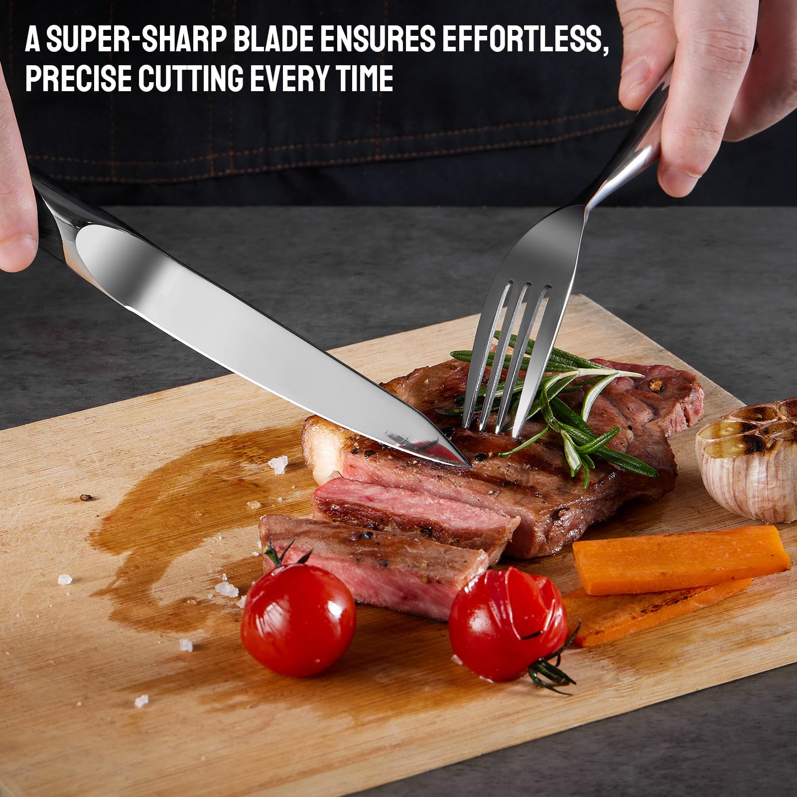 OAKSWARE Non Serrated Steak Knives Set of 8, 5 Inch German High Carbon Steel Steak Knife for Kitchen, Sharp Knives with Full-Tang Ergonomic Handle, Black