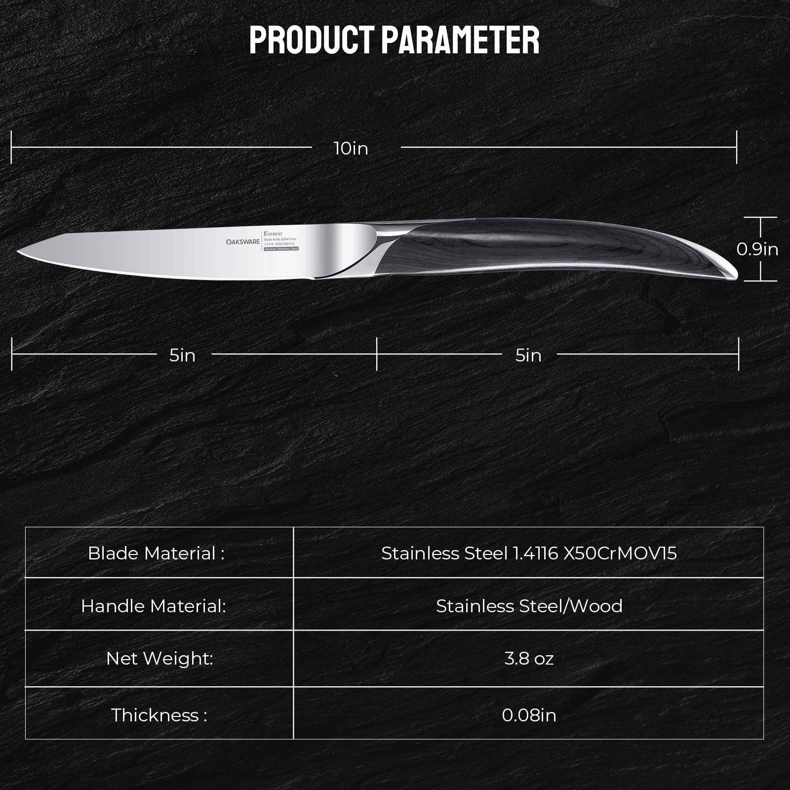 OAKSWARE Non Serrated Steak Knives Set of 8, 5 Inch German High Carbon Steel Steak Knife for Kitchen, Sharp Knives with Full-Tang Ergonomic Handle, Black