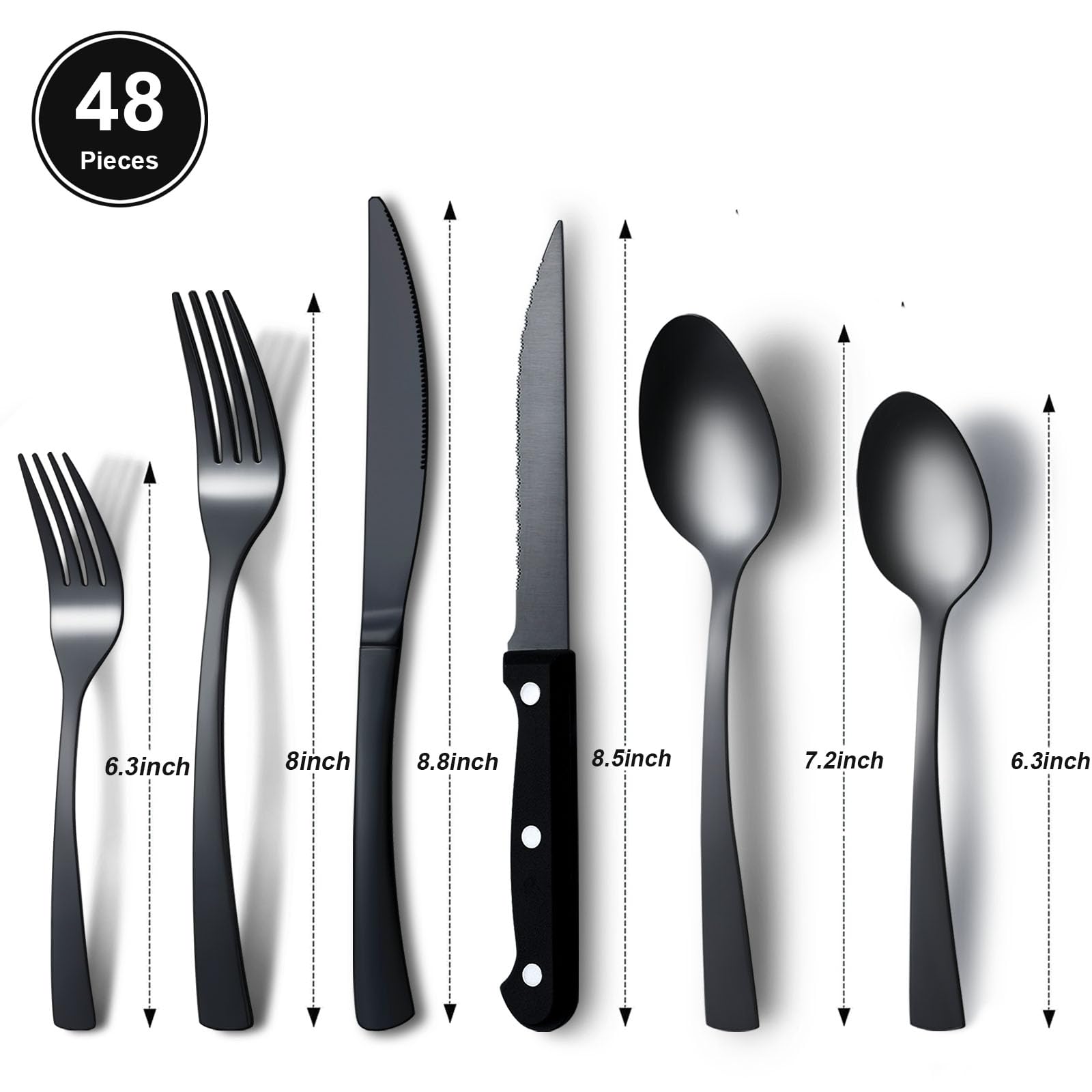 APEO 48 Piece Matte Black Silverware Set with Steak Knives, Stainless Steel Flatware Sets for 8, Satin Polished Cutlery Set for Kitchen, forks spoons and knives set, Dishwasher Safe Utensil Set