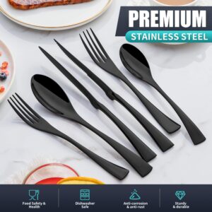 Joincook 24 Pieces Black Silverware Set with Steak Knives Service for 4,Modern 18/10 Stainless Steel Flatware Cutlery Set,Utensil Set for Home Restaurant Hotel,Mirror Polished,Dishwasher Safe