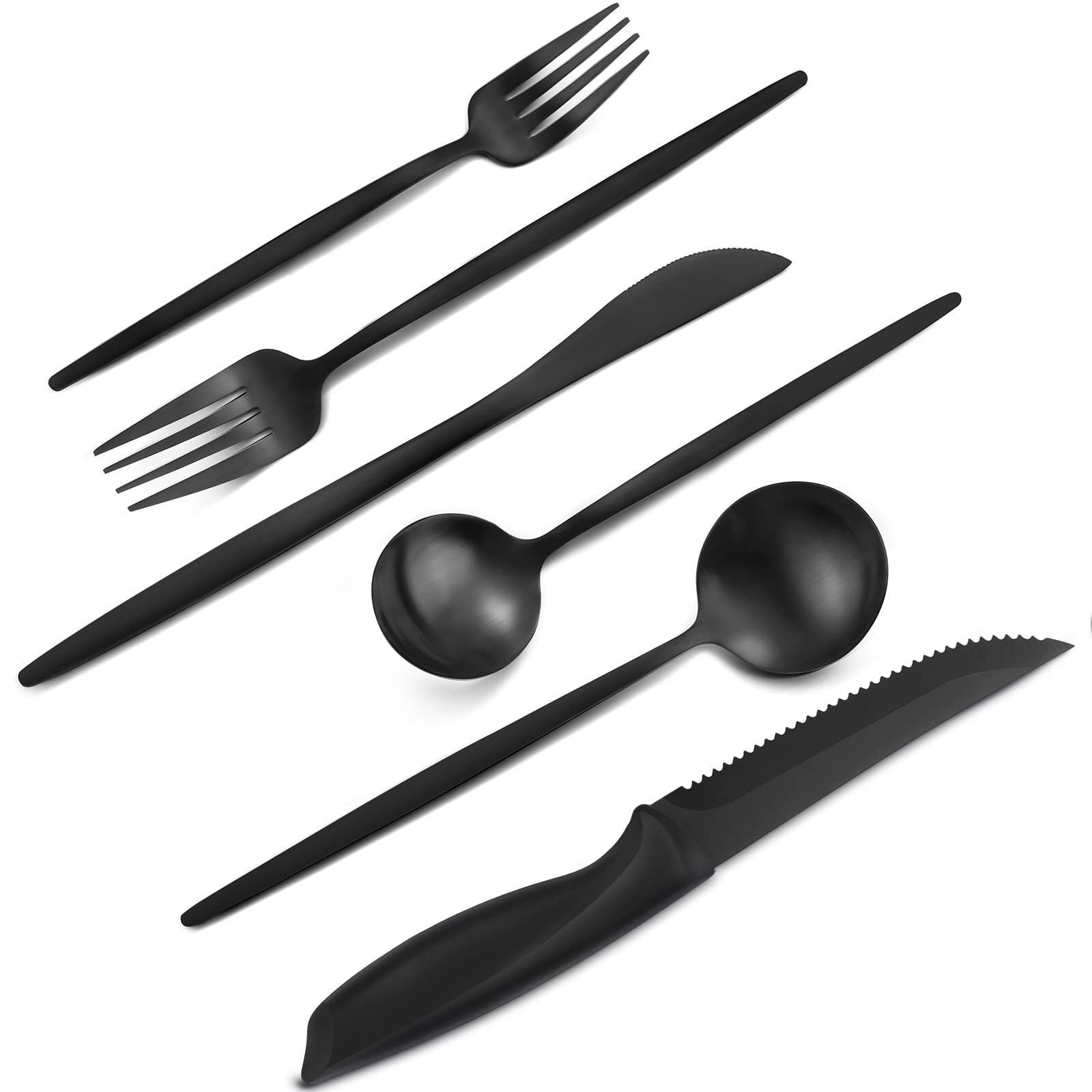 VANVRO 48 Pieces Matte Black Silverware Set with Steak Knives, Satin Finish tableware Cutlery Set, Home and Restaurant, Service for 8, Dishwasher Safe