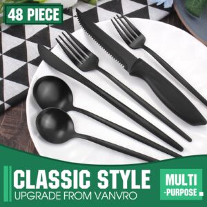 VANVRO 48 Pieces Matte Black Silverware Set with Steak Knives, Satin Finish tableware Cutlery Set, Home and Restaurant, Service for 8, Dishwasher Safe