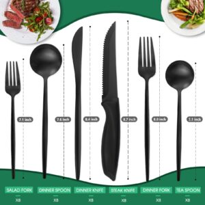 VANVRO 48 Pieces Matte Black Silverware Set with Steak Knives, Satin Finish tableware Cutlery Set, Home and Restaurant, Service for 8, Dishwasher Safe