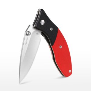 folding pocket knife, 3 inch 8cr13mov stainless steel blade, safety liner lock, pocket clip, manual opening, g10 handle, perfect for outdoor camping and everyday carry, black+red